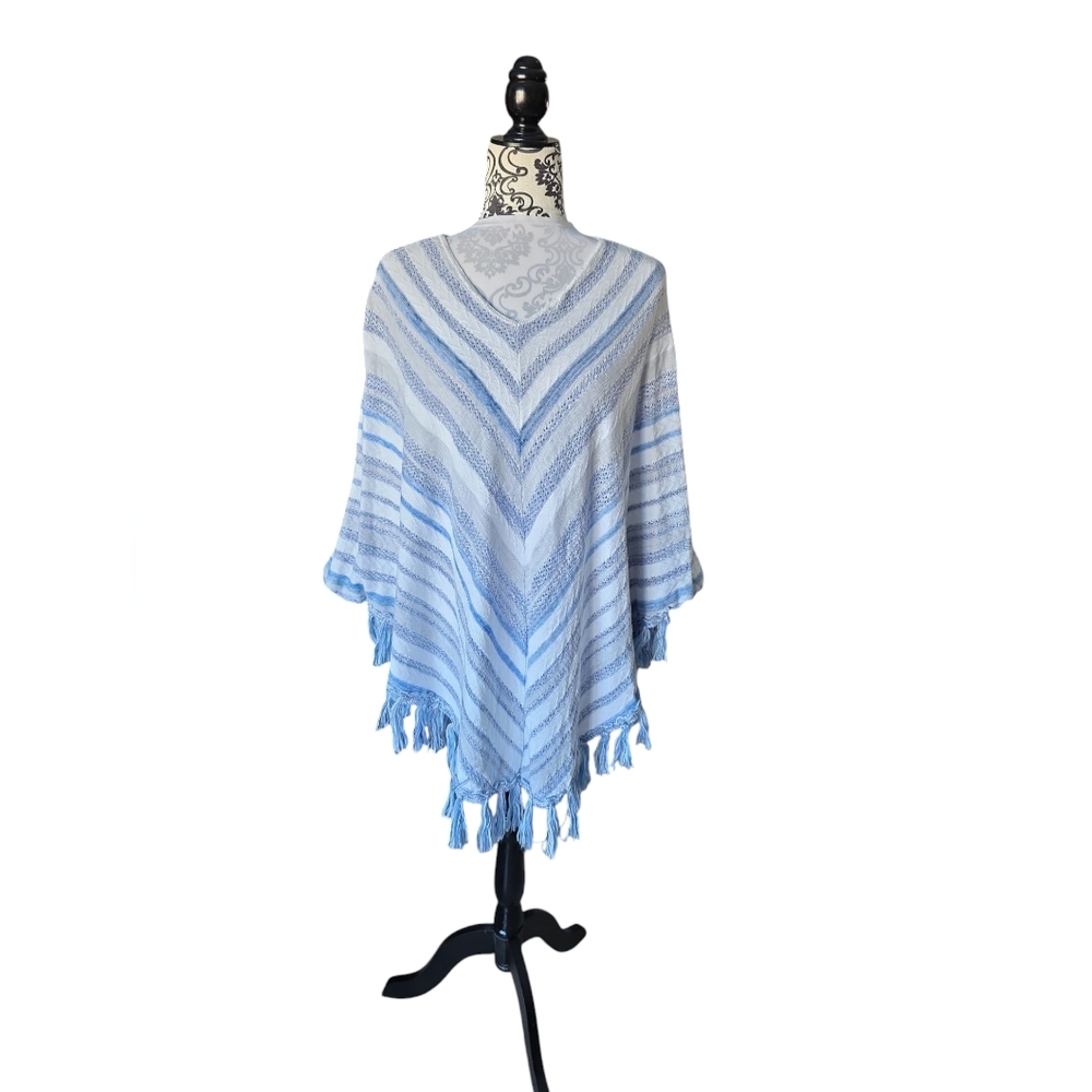 Cotton Country Blue White Tassel Poncho One Size Coastal Bohemian chic